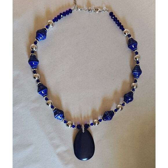 Natural Blue Lapis Beaded Teardrop Stone Necklace 15 inch Silver Accents - Picture 1 of 10